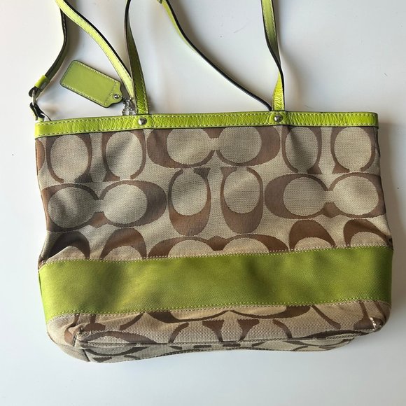 Coach Signature Canvas Lime Green Trim Tote Satchel Shoulder Bag Handbag Purse - Picture 2 of 7